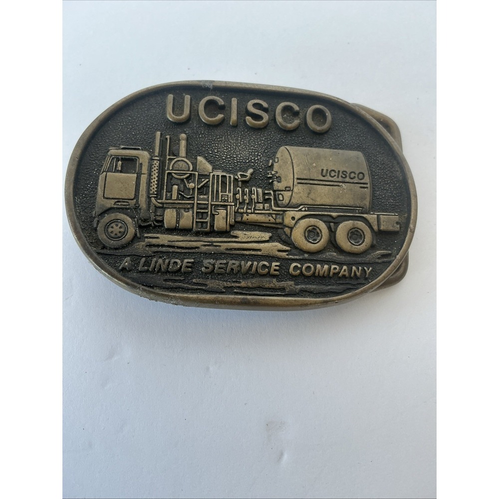 UCISCO BTS Brass Belt‎ Buckle Linde Service Company Truck 1981 Vintage